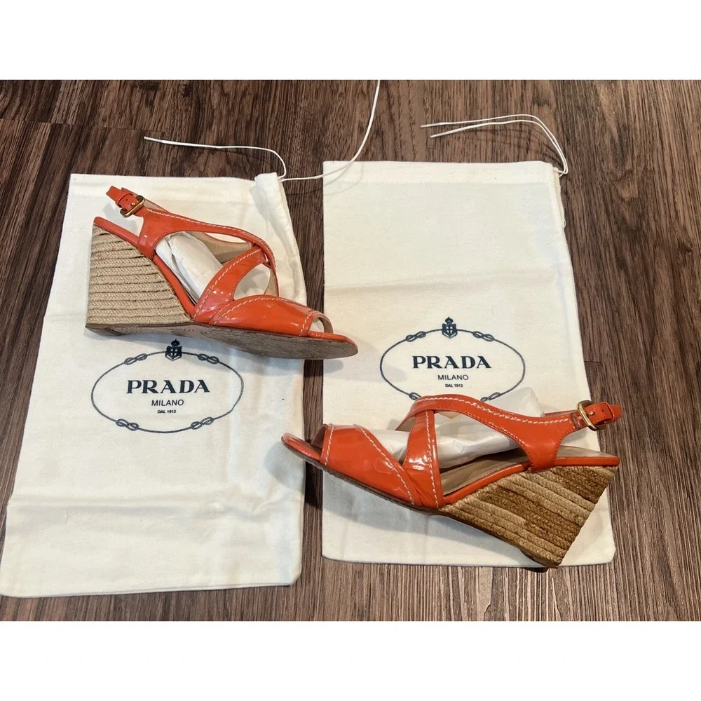 Prada Patent Leather Espadrille Wedge Sandals Size 37.5 Color Coral DETAILS